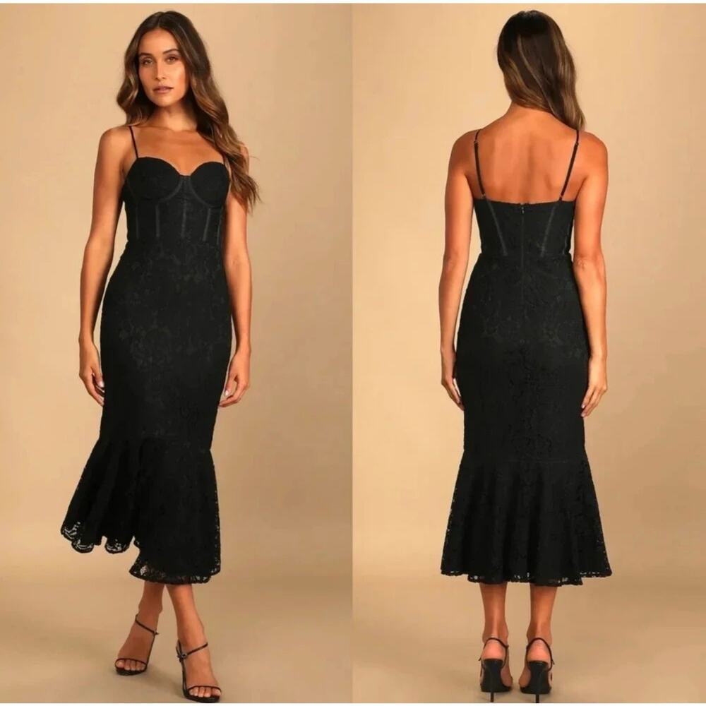 Lulus Found Your Love Black Lace Sleeveless Trumpet Midi Dress Sz M NWT Romantic